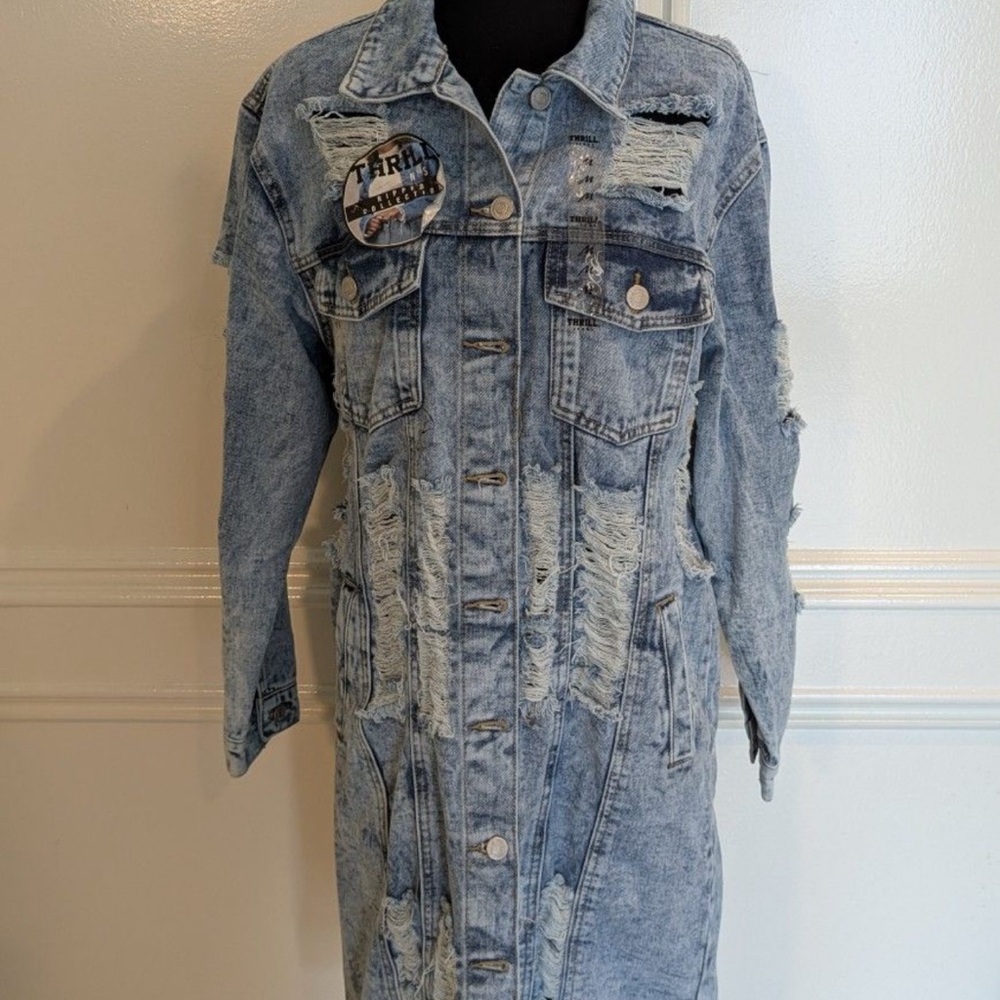 Thrill Jeans Distressed Denim Shirt Coat Womens M Destroyed Shredded Button Up